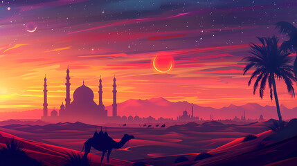Obraz premium Camel with Mosque at Sunset: Celebrating Eid ul-Azha 