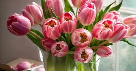 Fototapeta premium Bouquet Of Pink Tulips In A Glass Vase Near A Window, Soft Natural Light, Elegant Floral Arrangement, Romantic And Spring Atmosphere, Suitable For Home Decor, Weddings, Mother's Day, Floral