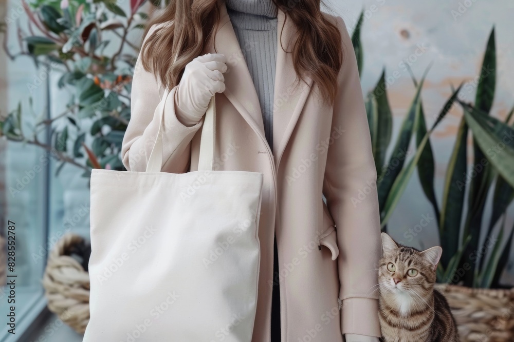 Poster Fashionable white tote bag mockup with cat, canvas fabric texture