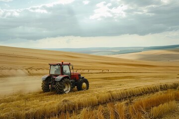 Tractor Harvesting Wheat in Rolling Fields on Cloudy Day