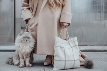 Fashionable white tote bag mockup with cat, canvas fabric texture