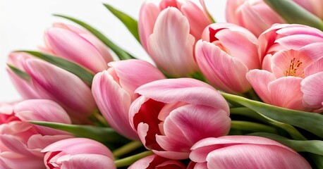 Fototapeta premium Bouquet of pink and white tulips. Concept: spring, beauty, elegance. For floral shops, greeting cards, celebration campaigns, Mother's Day, weddings, Easter, and floral holidays.