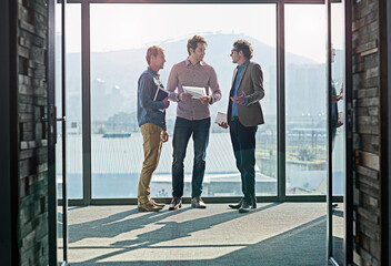 Business people, men and teamwork with document for planning by window of office for b2b...