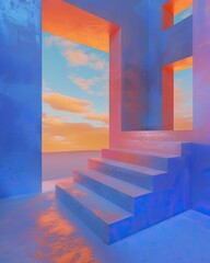 Abstract blue and pink architectural interior with a staircase, showcasing a surreal sky view through geometric openings.