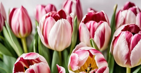 Fototapeta premium Bouquet of pink and white tulips. Concept: spring, beauty, elegance. For floral shops, greeting cards, celebration campaigns, Mother's Day, weddings, Easter, and floral holidays.