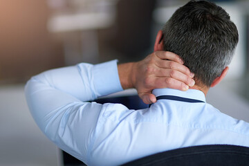 Man, hand and neck pain in office with injury, stress and accident with back for muscle fatigue....