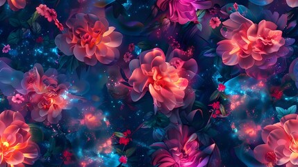 Fototapeta premium Spellbinding Interstellar Floral Composition with Vibrant Neon Blooms Against Captivating Galactic Backdrop