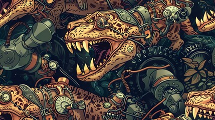 Obraz premium Seamless Steampunk of Sabertooth Tigers Stalking Through a Futuristic Mechanical Jungle Filled with Gears Pipes and Pressure Gauges
