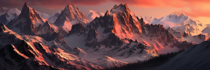 Naklejka premium A breathtaking view of snow-capped mountain peaks at sunset, capturing the beauty and tranquility of the natural landscape.