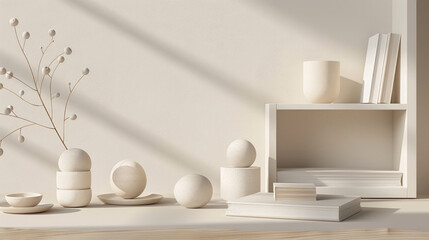A white shelf displaying a vase with flowers and several books neatly arranged on it