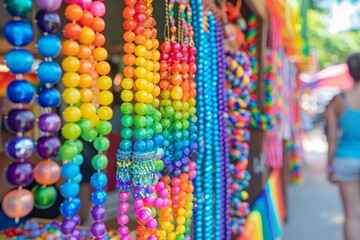 pride merchandise stand, colorful rainbow accessories, lively marketplace, diverse community, festive environment