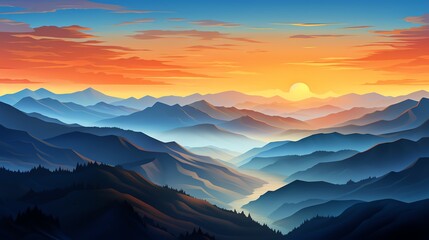 Obraz premium Scenic mountain landscape with layers of hills at sunrise, beautiful vibrant colors in the sky, tranquil and serene view.
