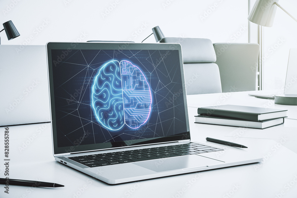 Poster creative artificial intelligence concept with human brain sketch on modern laptop monitor. 3d render