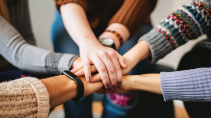 Diverse group of individuals gathering in a circle, unified as they put their hands together in a gesture of teamwork and unity