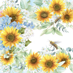 Watercolor backdrop with sunflowers and honey bee, summer invitation blank