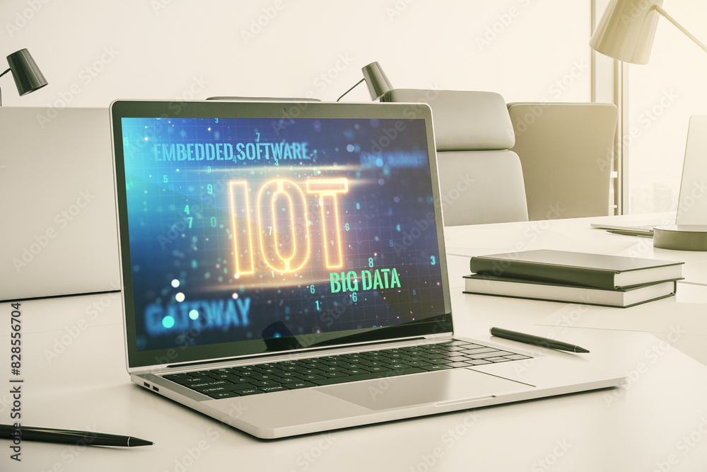 Poster creative iot concept on modern laptop screen. 3d rendering