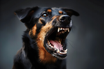 A black and brown dog with its mouth open widely