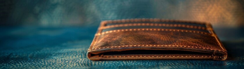 A brown leather wallet is laying on a blue surface