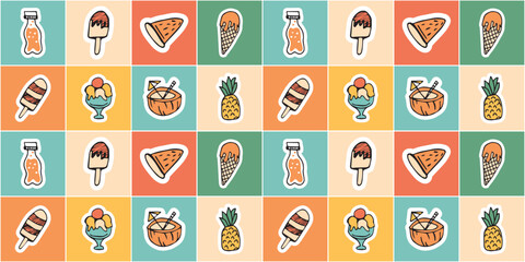 meal. products. a pineapple. strawberry. coconut. soda. frame. postcard. pattern. example. doodle. retro colors. ice cream. fruits. the pattern. seamless. seamless pattern.