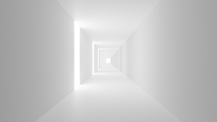 White corridor. Minimalistic background. Light wallpaper. Tunnel with white walls. Stylish backdrop. Tapering tunnel. White background for design. Three-dimensional backdrop. 3d image