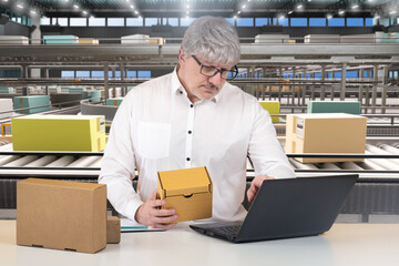 Man near conveyor belt with boxes. Courier warehouse contractor with laptop. Manager with box in...