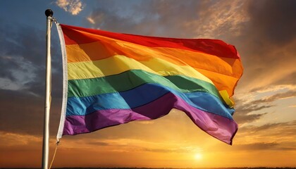 lgbt flag against sunset background, pride parade, lgbt pride month, fight against homophobia, tolerance, rally of many people