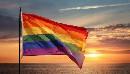 lgbt flag against sunset background, pride parade, lgbt pride month, fight against homophobia, tolerance, rally of many people