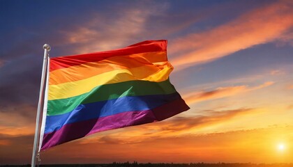 lgbt flag against sunset background, lgbtq pride parade, lgbtqia pride month, fight against homophobia, tolerance, rally of many people