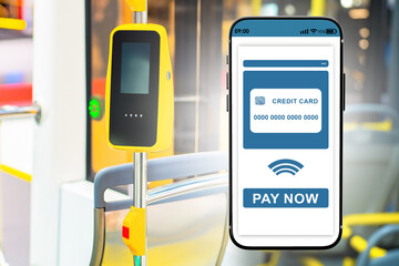NFC terminal on bus. Phone with banking application. Pay for travel via smartphone. Phone with NFC...