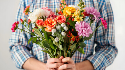 Man holding bouquet of beautiful flowers indoors, closeup isolated on white background, pop-art, png
