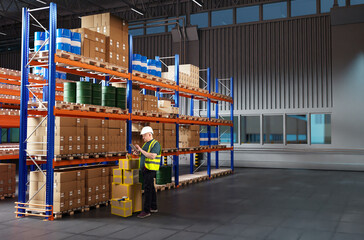 Man storekeeper. Customs officer near racks of boxes. Storekeeper with tablet keeps track of goods....