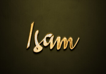 Old gold text effect of Arabic name Isam with 3D glossy style Mockup.