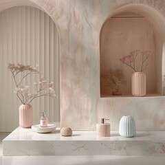 Pastel Bathroom with Marble Vessel Sink and Niche