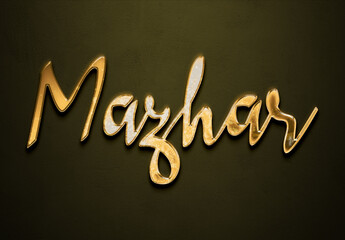 Old gold text effect of Arabic name Mazhar with 3D glossy style Mockup.