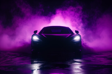 Silhouette front view of a black sports car in a foggy-toned background with glowing purple lights in low light