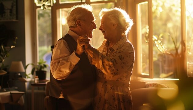 An image of a happy elderly couple dancing at home, portraying joy and love in a family setting, ideal for themes of aging and lifestyle