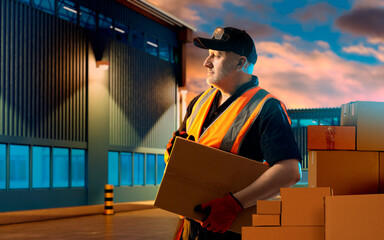 Man loader with box. Logistics center contractor. Worker near evening warehouse. Guy works as...