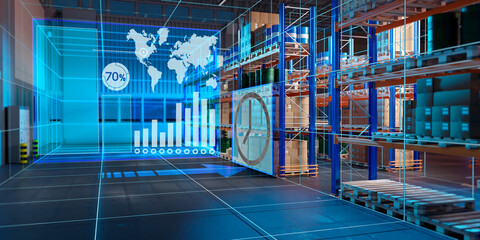 Innovation warehouse. Futuristic logistics center. Warehouse with racks on boxes. International...