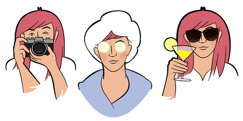 An illustration of a woman on holidays or vacation doing various things like photography, spa and relaxation, and having a nice cocktail drink	