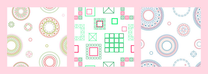 Seamless pattern of geometric shapes. Bright seamless pattern. Set of 3 patterns. Design for fabric, wallpaper, wrapping paper. Vector