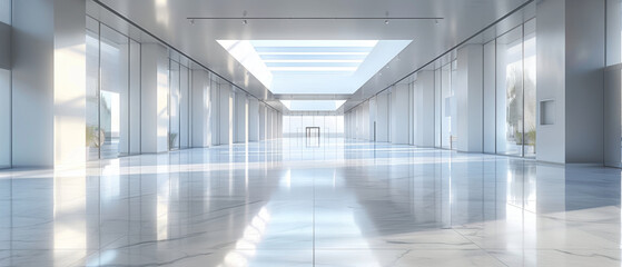Fototapeta premium Sleek, empty showroom with clean lines and glossy surfaces.