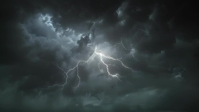 An ominous dark sky is split in two by a brilliant bolt of lightning followed by a deafening crack of thunder.