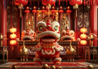 Fototapeta premium Lion Dance Performance: A Chinese Cultural Tradition and Martial Art Exhibition