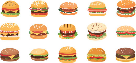 Vector pack set of 15 flat-style hamburger icons.