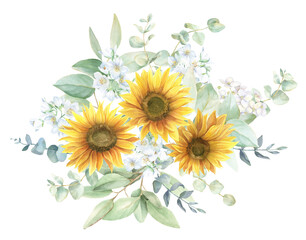 Watercolor sunflower bouquet, sunflower wedding border PNG, green leaves, yellow and blue colors, blue hydrangea, eucalyptus leaves