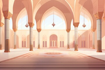 Obraz premium Beautiful interior of a grand mosque with arches, columns, and intricate designs. A serene and spiritual environment for worship.