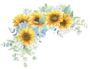 Watercolor sunflower bouquet, sunflower wedding border PNG, green leaves, yellow and blue colors, blue hydrangea, eucalyptus leaves © WonderWonder
