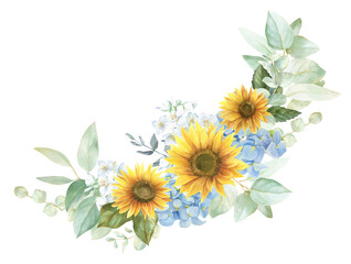 Watercolor sunflower bouquet, sunflower wedding border PNG, green leaves, yellow and blue colors, blue hydrangea, eucalyptus leaves