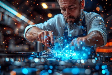 A skilled craftsman works on a metal project, sparks flying from his tools.