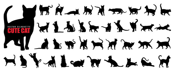 Set of vector cute cat silhouette in different poses isolated on white background. Kitten, kitty or pet animal line art drawing. Funny or wild cat cartoon sticker. Black cat silhouette, symbol or icon